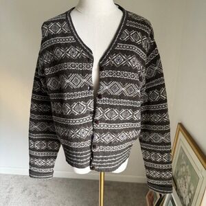 Vintage Chamonix Cardigan Fair Isle Nordic Lambswool Angora Sweater Medium Black